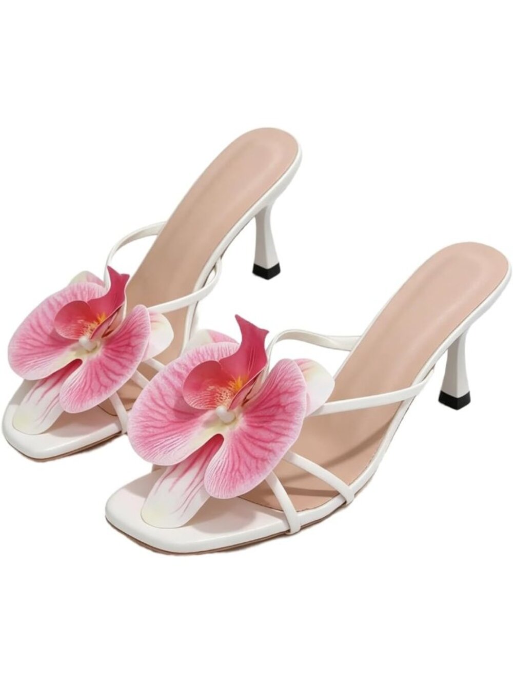 Women's Pink White Open Toe Floral Kitten Heels Flower Summer Beach Sandals Heel